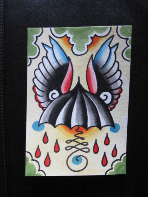  pink elephant, skull, tattoo flash, traditional tattoo, umbrella